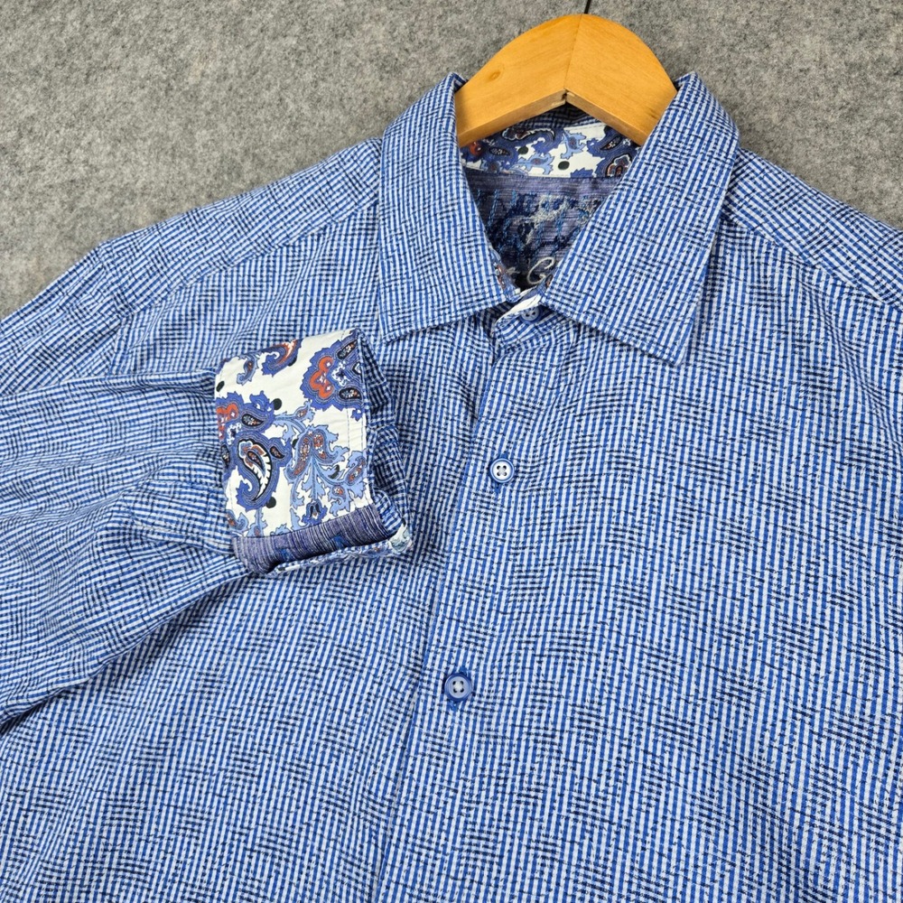 Robert Graham Shirt Mens Large Blue Checkered Paisley Cuff Classic Fit Button Up